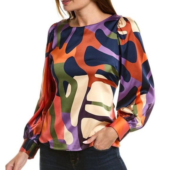 Hutch Women M Colorful Printed Satin Boho Artsy Long Sleeve Tie Waist Sura Top - Picture 1 of 15